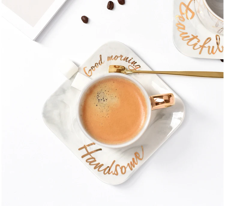 
Personalized gold rim ceramic marble coffee cup with saucer 