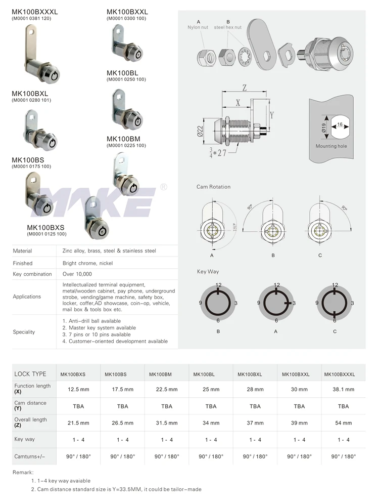MK100BM High Quality Zinc Alloy Cash Box Tubular Pin Cam Lock