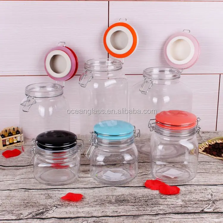 footed square glass jar fancy mason glass jar/mason honey jar with ceramic clamp lid
