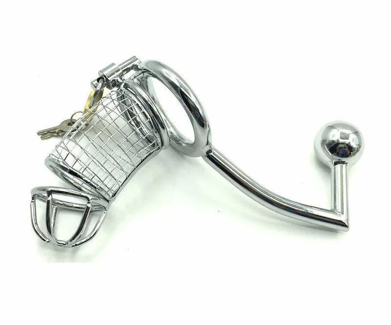 metal male chastity device with anal hook plug cock ring lock cage sex products for male