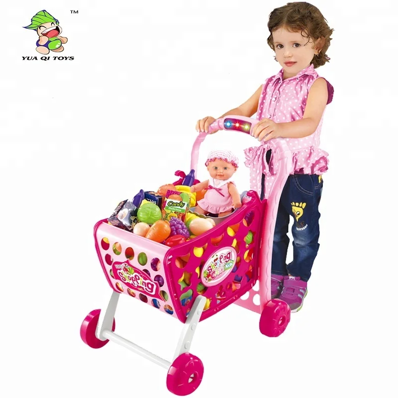 Kids Shopping Cart Play Set Plastic Food Toys Fruit Vegetables Pretend Play Shop Shopping Cart Toy