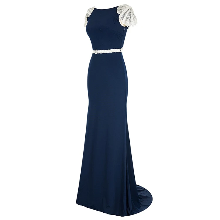Graceful Full Length Sheath Lace Applique Navy Evening Dress for Women