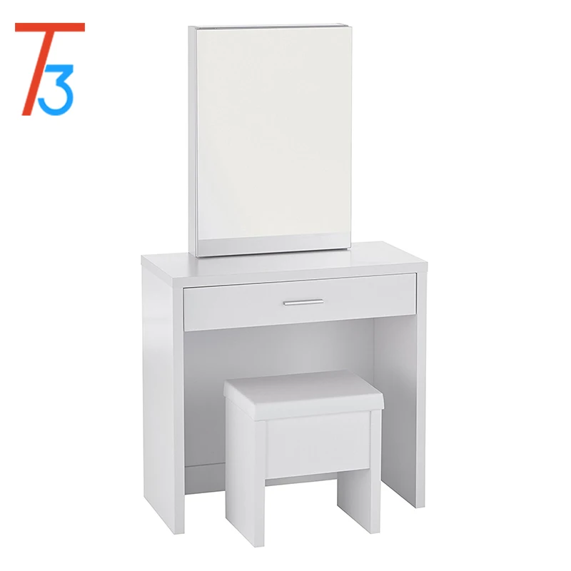 Interior items 3 pcs. dressing table with sliding mirror and storage chair - white