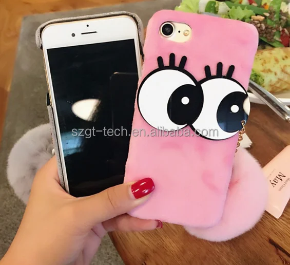 
big eyes tassel fur Mobile Phone Case for iPhone 7,fluff ball leather case for For iPhone 7, for iPhone 7 rabbit fur pompom Case 