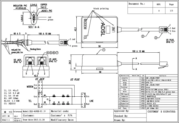US ADSL Filter ADSL RJ11 6p2c telephone splitter 1 to 2 modem