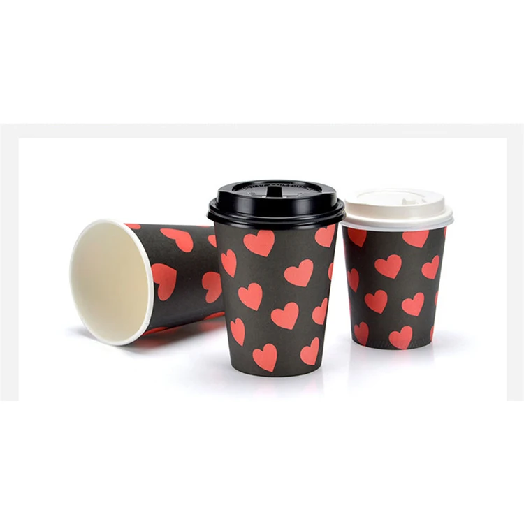 Wholesale disposable red love pattern hot drink packaging paper coffee carton cup with lids