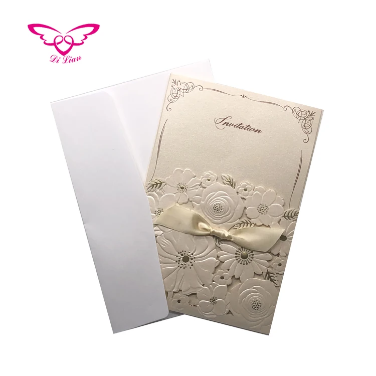 
White Embossing Flower Pocket Wedding Laser Cut Invitation Card 
