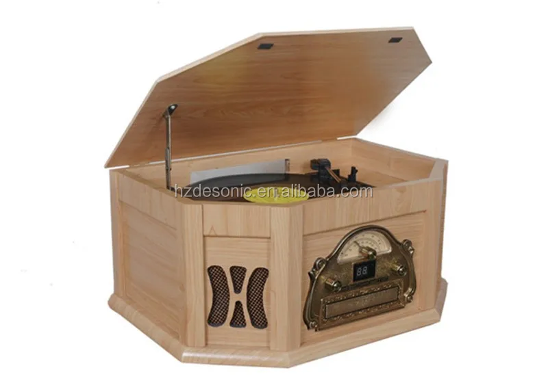 wooden vintage vinyl turntable jukebox with 3 speed lp record pressing