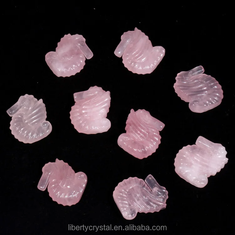 Natural Pink Rose Crystal Sea Horse Healing Carved Figurine