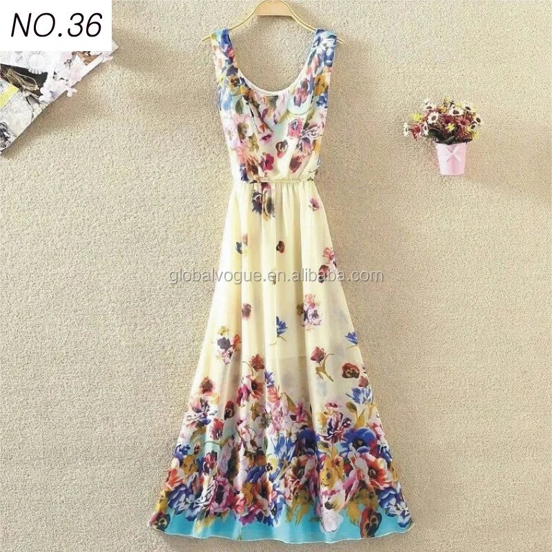 2015 summer hot sales women vacation beach bohemian dress,floral dress sleeveless vest chiffon dress
