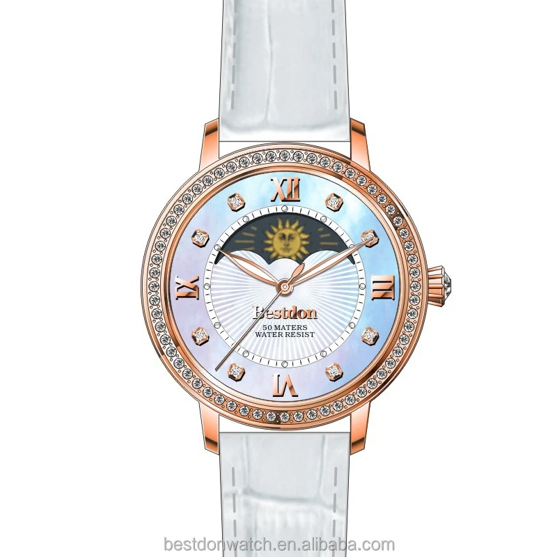 High quality japan movement diamond moon phase watch for women
