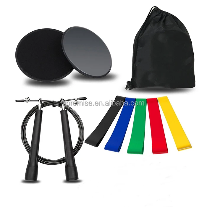 Core Slider Gliding Discs and 5 Resistance Loop Bands Set With Ball Bearing Jump Rope