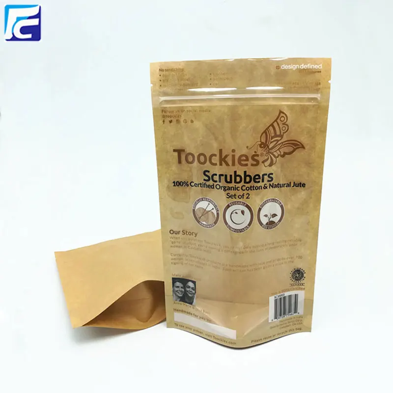 Brown and White Kraft Paper Standing Up Zipper Doypack Pouches Food Packaging Ziplock Bag Window