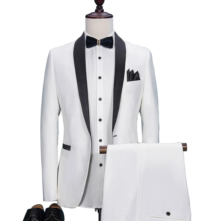 Fashion White Groom Tuxedos Wearing Slim Fit Tailored Suit Black Shawl Lapel Wedding Suits For Men (Jacket+Pants)