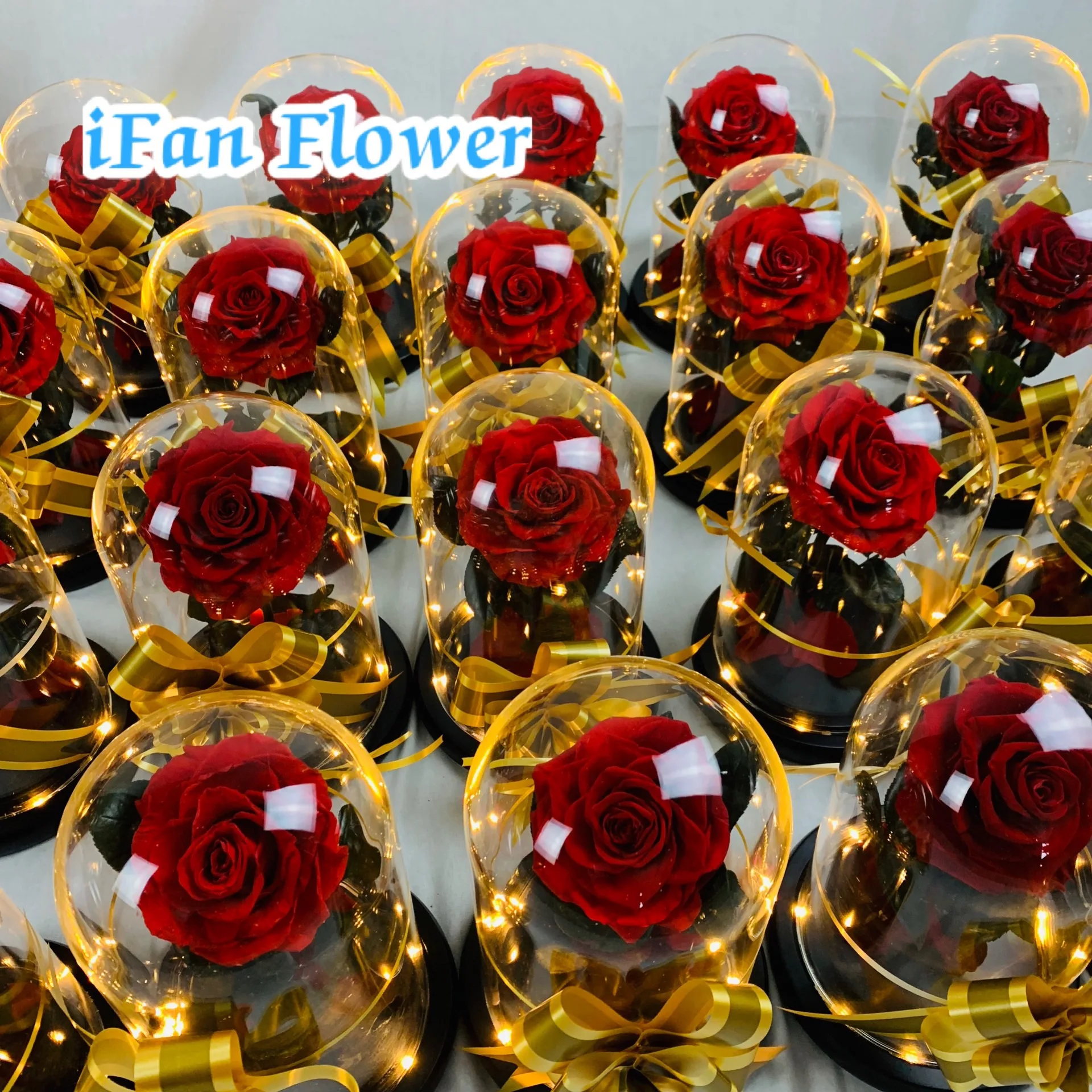 Home table decoration natural eternal red rose decorative preserved rose flower in glass with led light