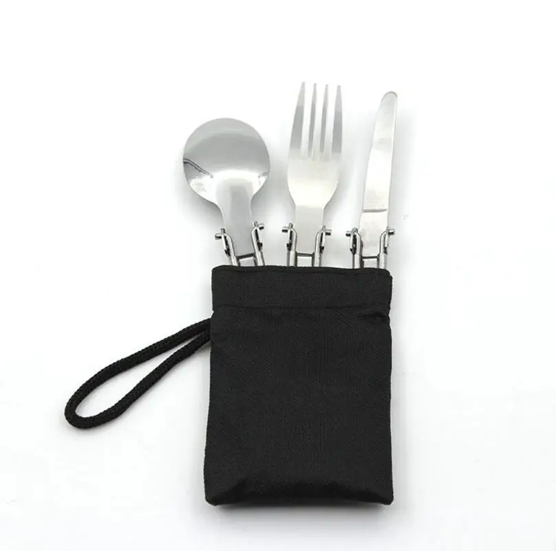 Multifunctional folding camping tableware stainless steel fork knife spoon travel set for outdoor