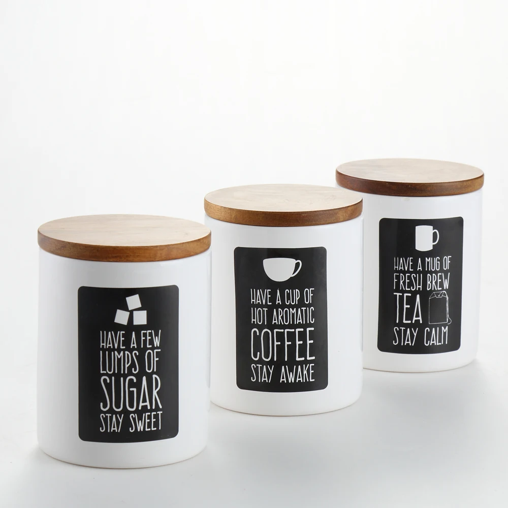 New arrival white ceramic coffee storage jars canisters with wood lid