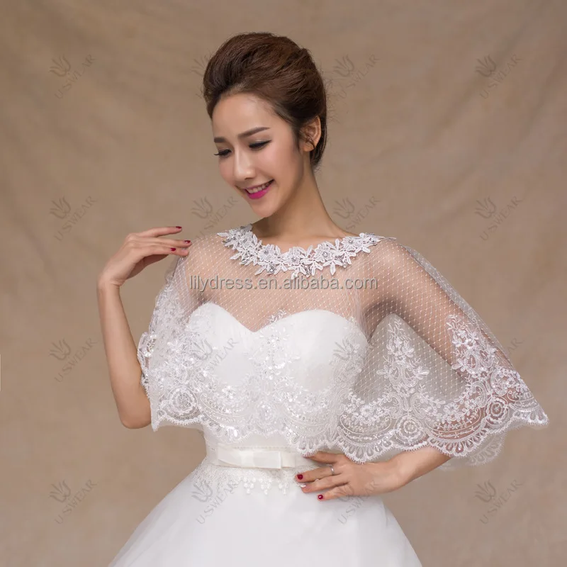 White Lace Round Lace Crystal Neck Brides Cape Bridal Bolero Wedding Jackets Summer Wear PJ1005 Etole Mariage