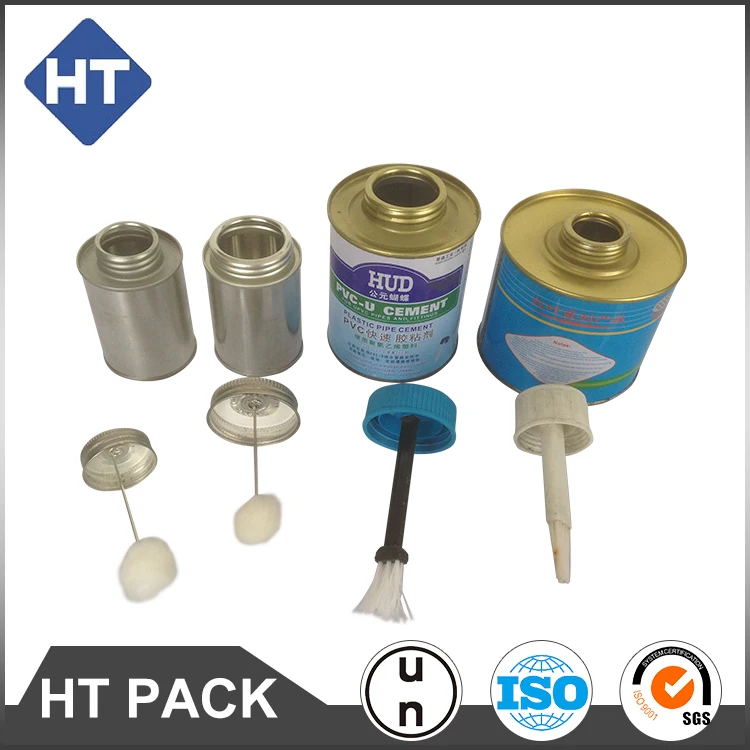screw top empty metal tin cans with bristle brush for pvc adhesive glue packaging, monotop can with applicator