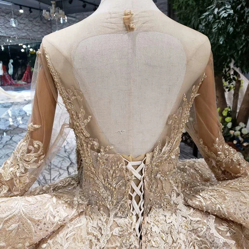 HTL151 gold illusion lace long sleeve gown sexy elegant bling bling evening dresses for women