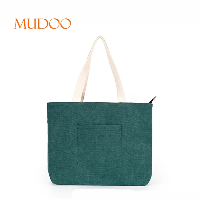 Durable green promotional canvas shoulder bag with zipper