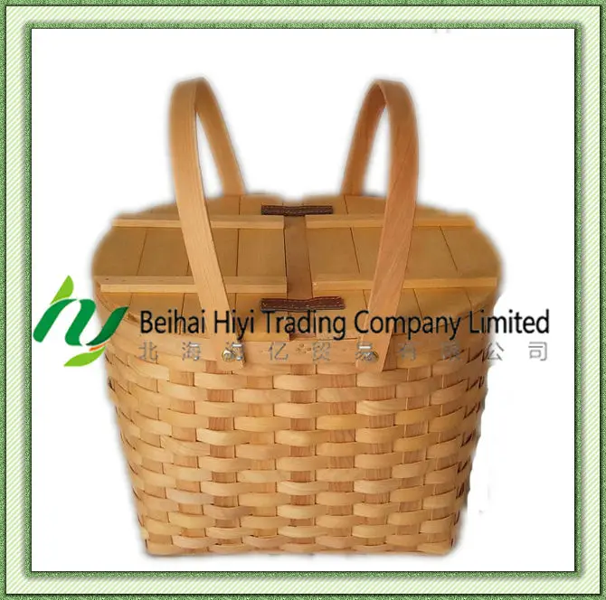 Guangxi Round Handmade Wood Chip Picnic Basket with Handles and Lid