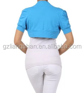 OEM Custom Wholesale Bolero Cropped Shrug Jacket Cardigan Ruched Short Sleeve Stretch Cotton Top Shrug Designs for Women