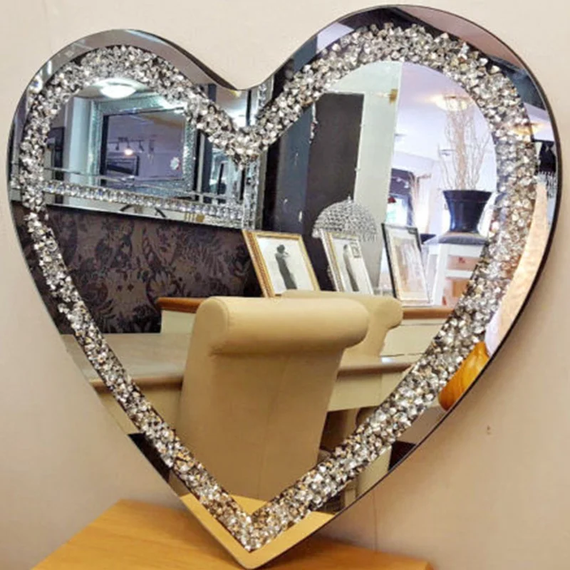 Modern art decor heart shape acrylic crystal glass bevelled wall mirror