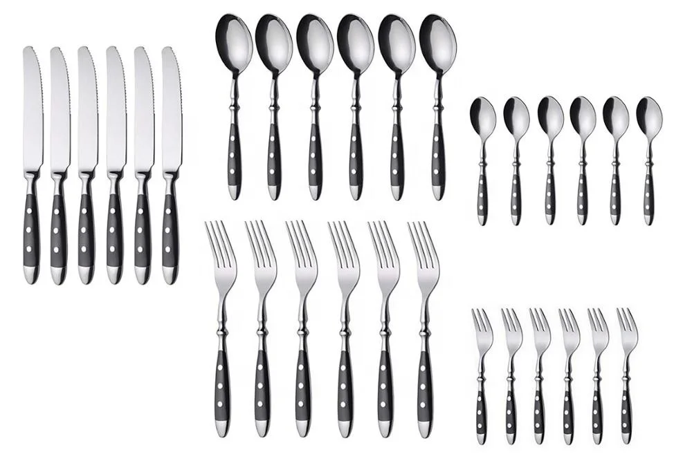 German besteck flatware black POM handle with 2 rivet cutlery set, stainless steel fork and spoon steak knife set 16pc
