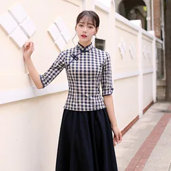 traditional chinese style cheongsam set vintage plaid tops+blue skirt