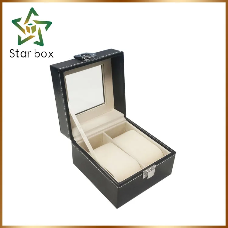 
High quality custom made black PU leather wooden watch case 2 slots watch packaging display box 