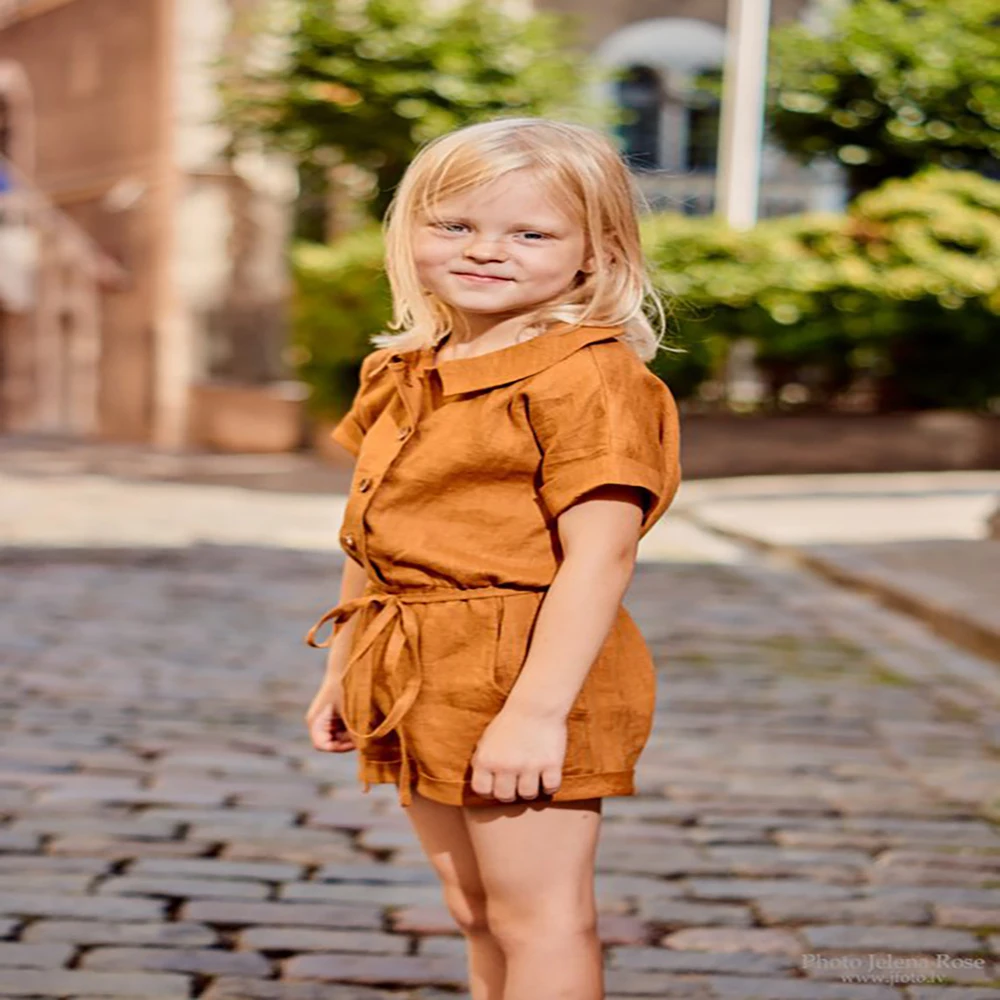 
Wholesale Baby Girls Linen Cotton Clothing Long legging Loose Casual Overalls Short Sleeve Kids Girls Jumpsuit 
