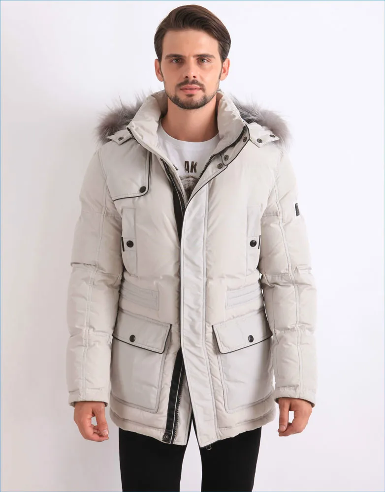 Winter Feather Down Filled Coat White Parka Fur Hooded for Men