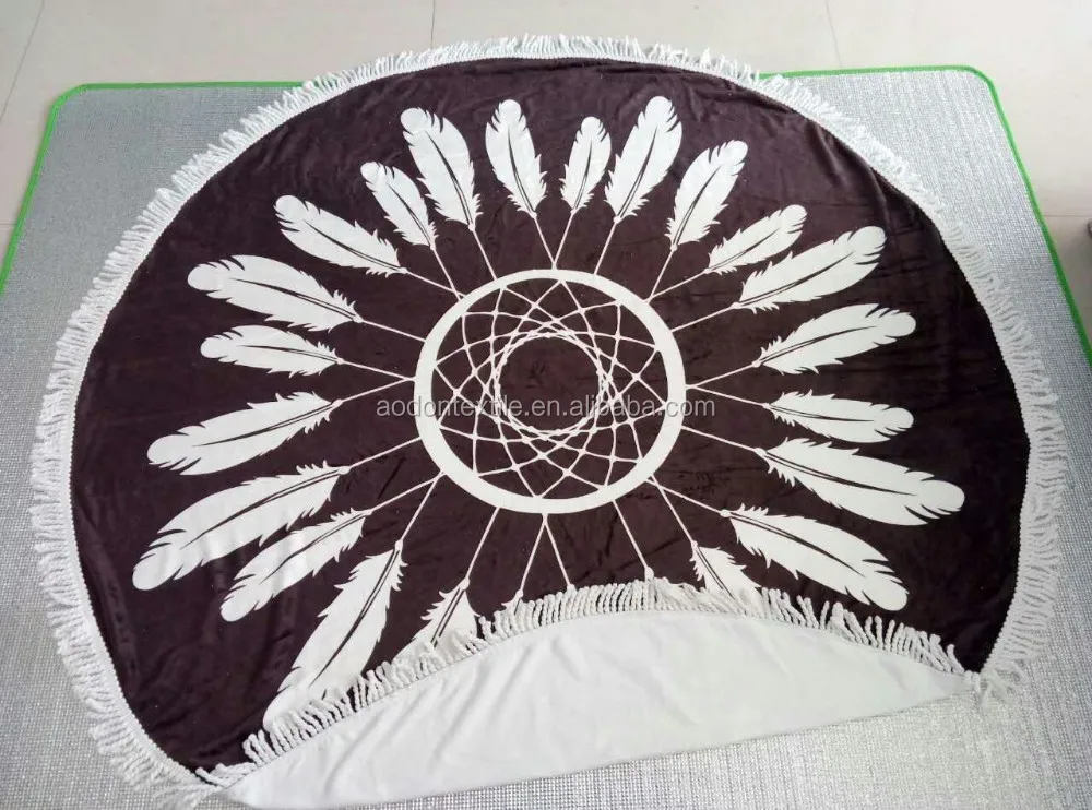 Custom Customised screen Printed Microfiber Circle Beach Towel Large Mandala Round Shape With Tassels Turkish Towel