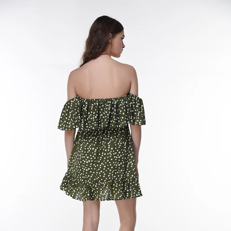 
New Arrival Women Dot Printing Chiffon Summer Dress Sexy Off Shoulder Ruffles Short Mini Dress Beach Party Cocktail Clothes 