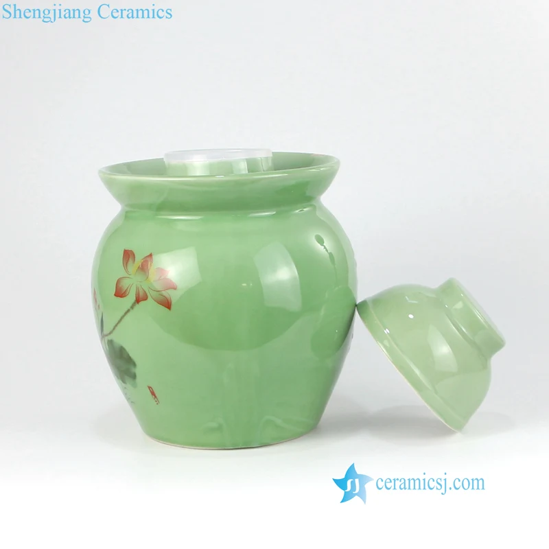 RYXM02 Green color background red lotus pattern pottery pickle jar