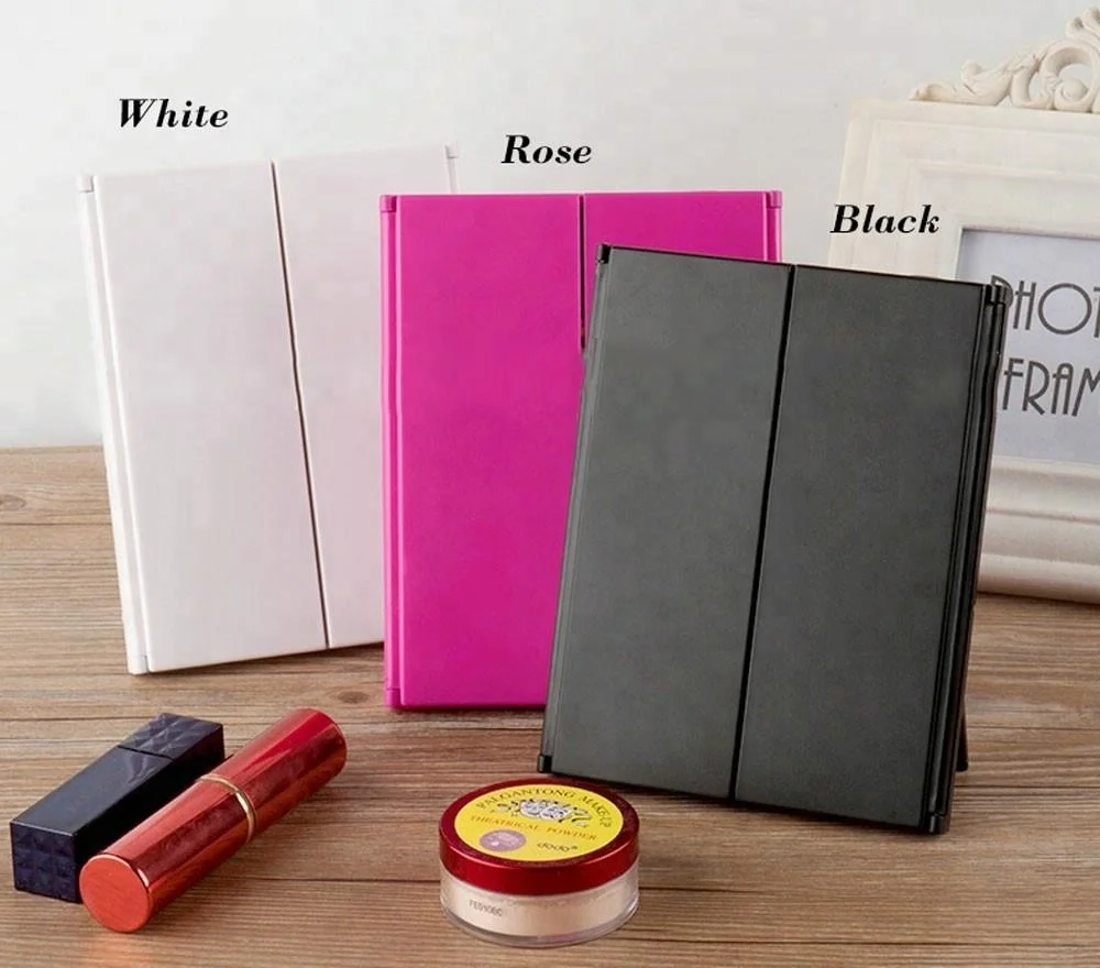 Fashionable Superior Foldable Tri-sided 8 LED Lighted Makeup Mirror Vanity Tabletop Mirror Black Square Shape for Women