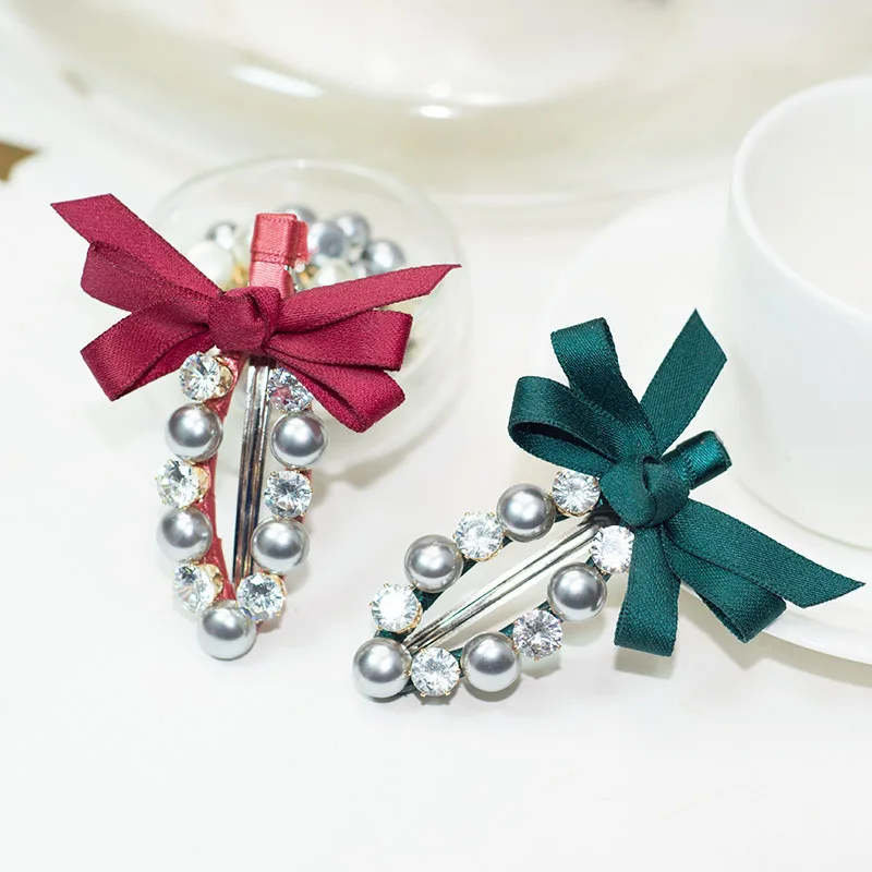pearl rhinestone and dacron bow tie Alloy iron clip hair barrette for bangs