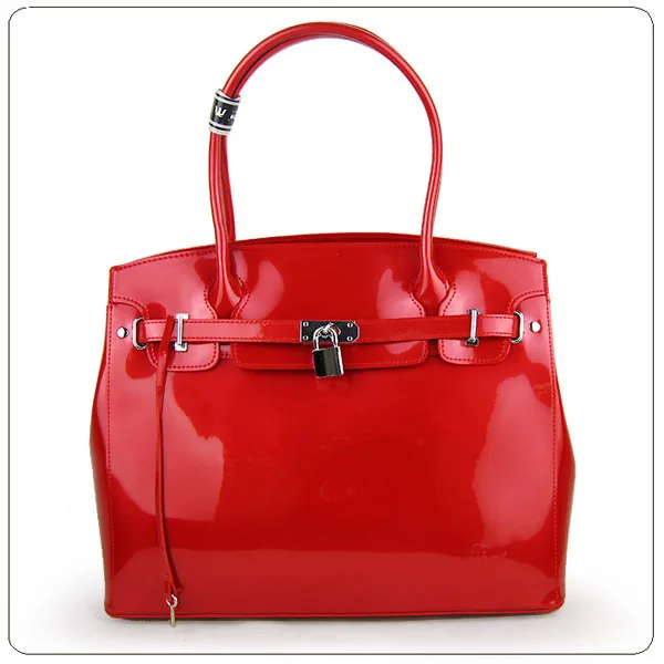 Wholesale women brand name designer red shinny pu leather handbag with sexy design
