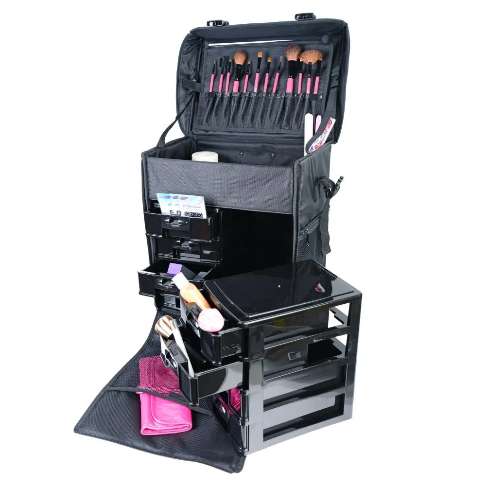 Professional Beauty Salon Box Hairstyle Cosmetic Case 2 in 1 makeup nylon trolley case with Wheels Black