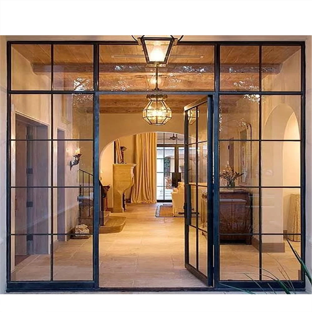 French grill design steel wrought iron glass patio windows doors for house villa apartment wine cellar