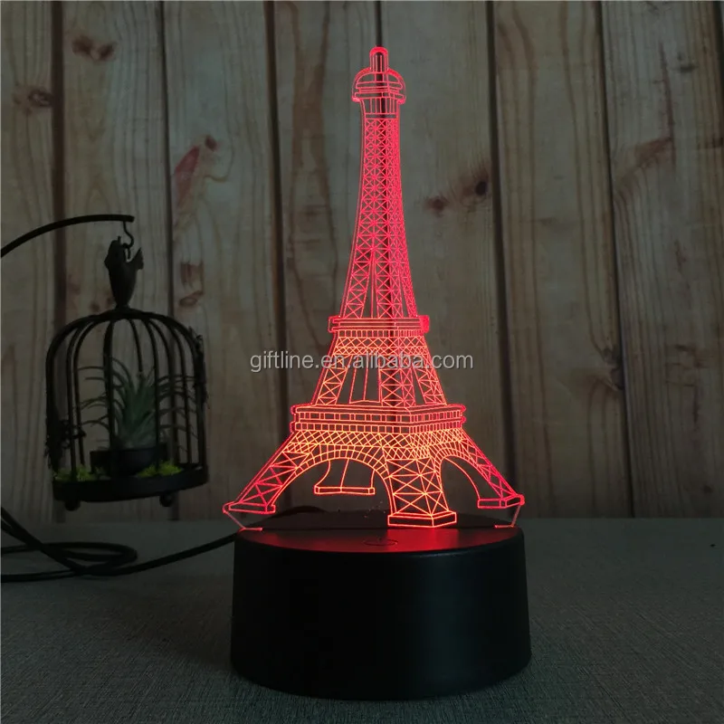 Custom The Eiffel Tower Acrylic 7 Colorful 3D Optical Illusion Night Light LED Table Desk Lamp