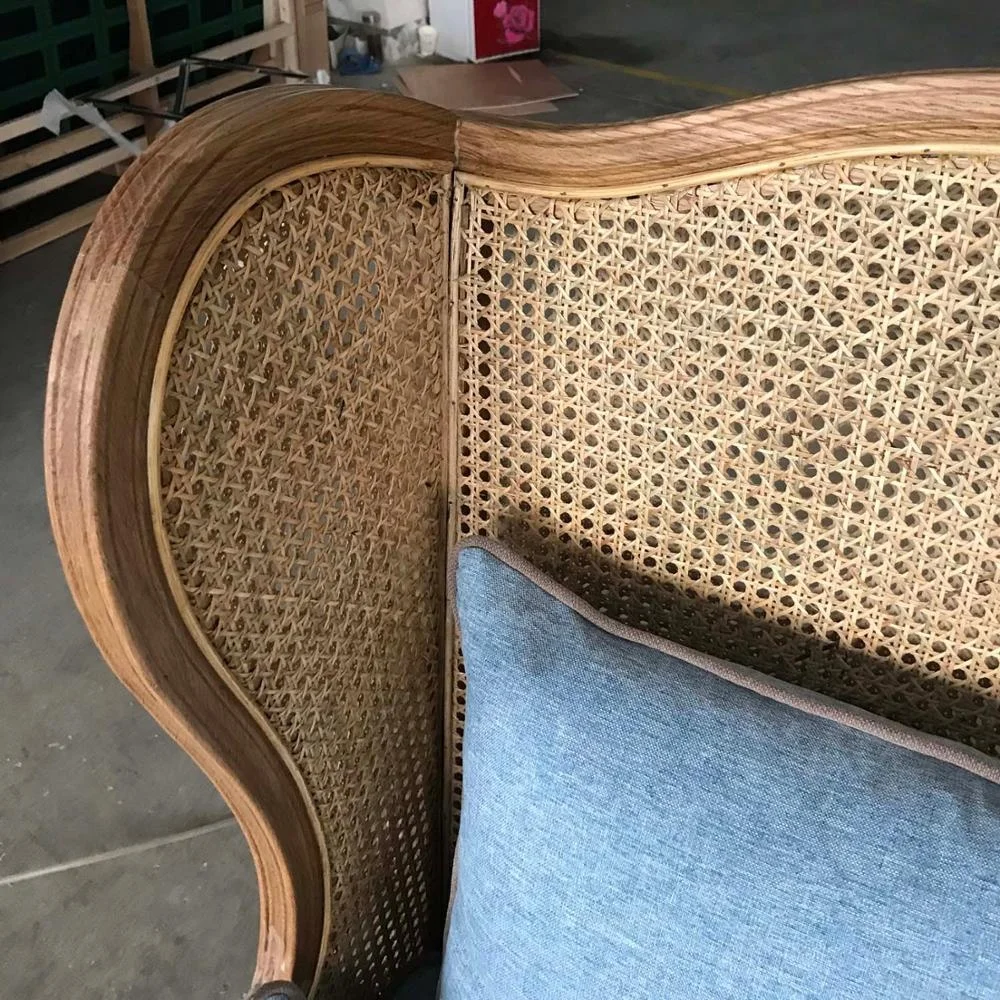 MRS WOODS French Provincial Living Room Chair Wood Wicker Rattan Woven Back Frame Upholstered Wing Back Chair