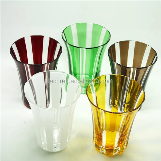 Set of 5 high ball glass cup colored glass tumblers stemless cup engraved with stripe shape for wine juice