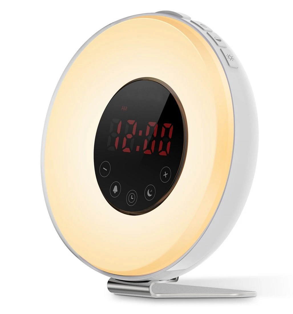 Natural Sounds FM Radio Digital Alarm Clock Acrylic Case Metal Stand Timer 7 Color Wake Up Sunrise Alarm Clock For Kids