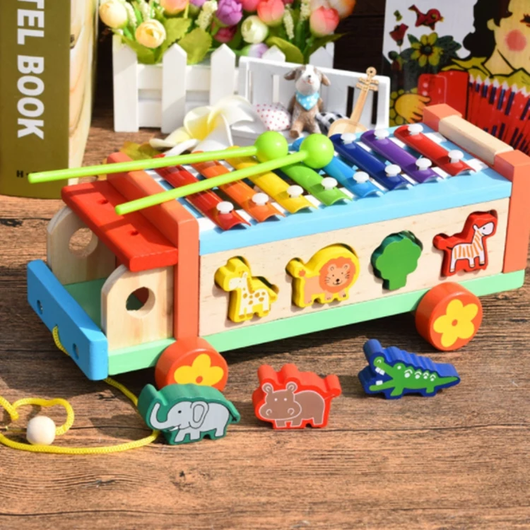 Cartoon Hand Knock Piano Toys Wooden Musical Pounding Toy Children Xylophone Bus Car