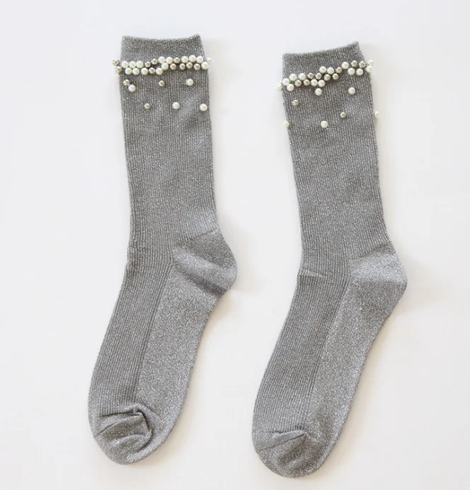 
Silver silk vintage nail-beaded socks with pearl women tube stockings designer socks for women sale custom design sock 