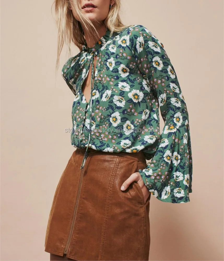 Hot Sale Printed Tunic Shirt V-Neck Ruffled Collar Women Top Long Flare Sleeve Casual Tops Chiffon Blouse STb-01028