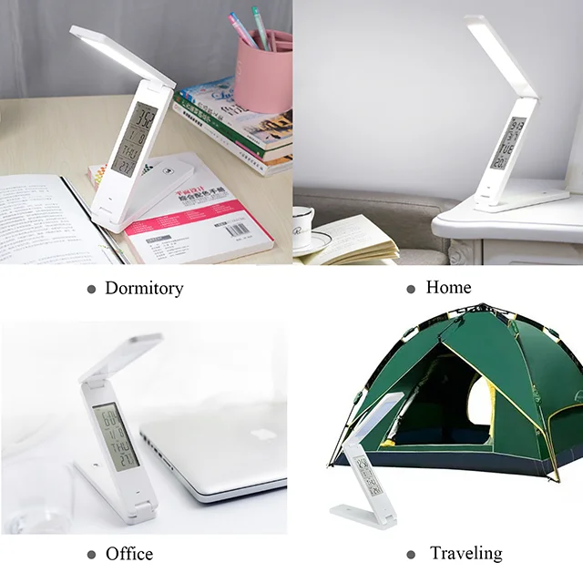 LED table lamp  with rechargeable battery USB Desk lamp with clock, calender, temperature
