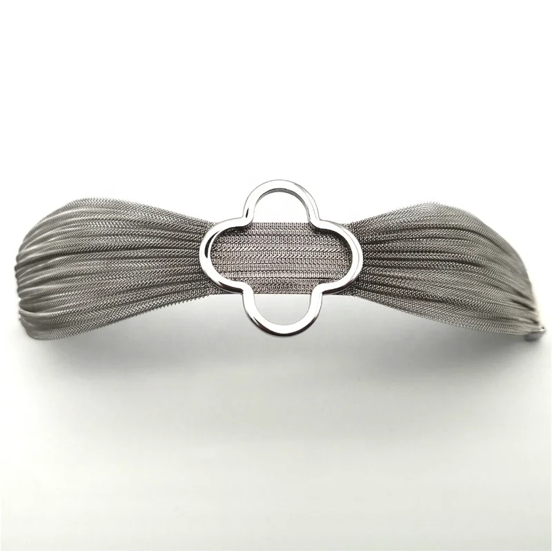 High Quality Women Stainless Steel Mesh Wide Bracelet Magnetic Clasp  Bangle With Flower Charm